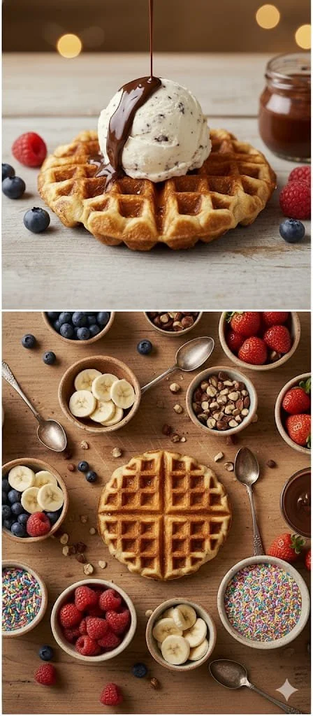 A waffle topped with a scoop of vanilla ice cream, chocolate syrup, and assorted berries on a wooden surface. There are bowls of berries, sliced bananas, nuts, chocolate, and colorful sprinkles surrounding the waffle.