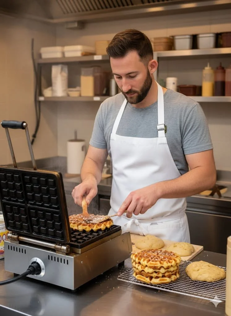 A man in a gray t-shirt and white apron making waffles on a waffle iron in a professional kitchen.