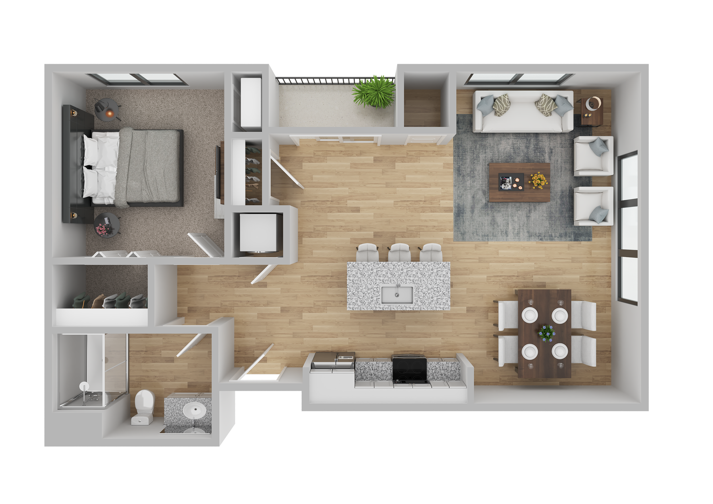 Top-down view of a one-bedroom apartment with an open floor plan, including a bedroom with a bed, two nightstands, and a closet; a bathroom with a toilet and shower; a kitchen with an island and appliances; a dining area with a table and six chairs; and a living room with a sofa, two armchairs, a coffee table, and a rug.