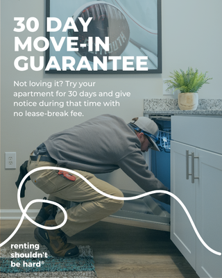 Man packing a moving box in a kitchen, advertising a 30-day move-in guarantee with text overlay.