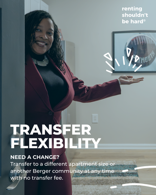 Woman smiling and pointing to a sign that says "renting shouldn't be hard" in an apartment lobby or hallway, promoting transfer flexibility for apartment transfers with no fee.