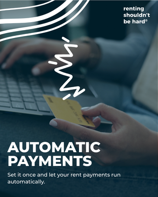 A person holding a credit card in front of a laptop keyboard with a background of abstract books and a blue-green color overlay. White text promotes automatic payments for rent.