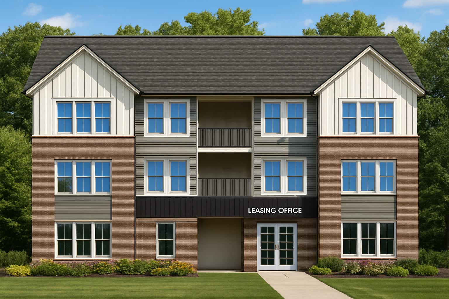 A drawing of a three-story apartment building with leasing office sign, brick and siding exterior, large windows, surrounded by greenery and trees.