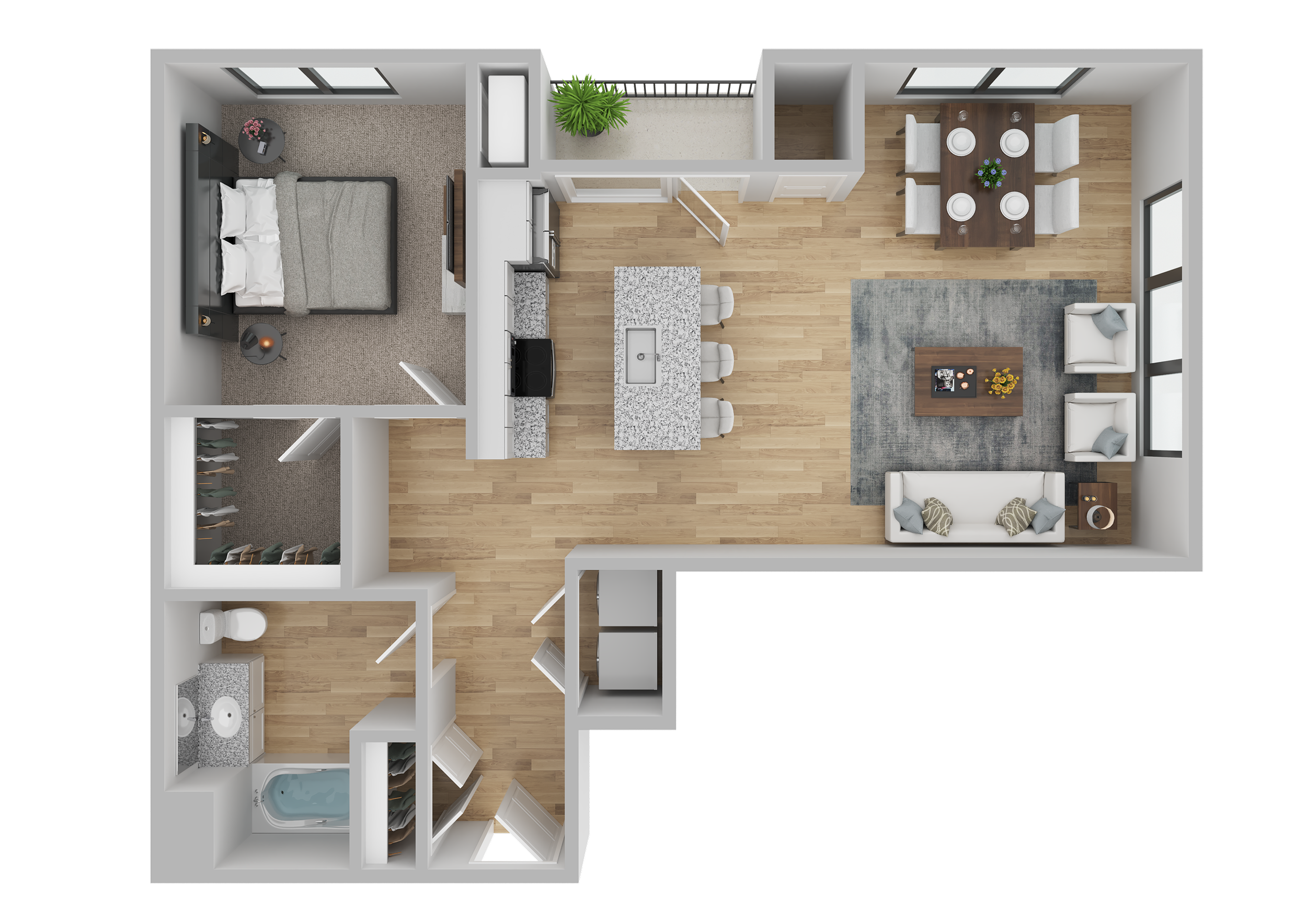Top-down view of a modern one-bedroom apartment floor plan with a bedroom, bathroom, walk-in closet, kitchen, dining area, and living room with large windows and sliding door leading to a balcony.