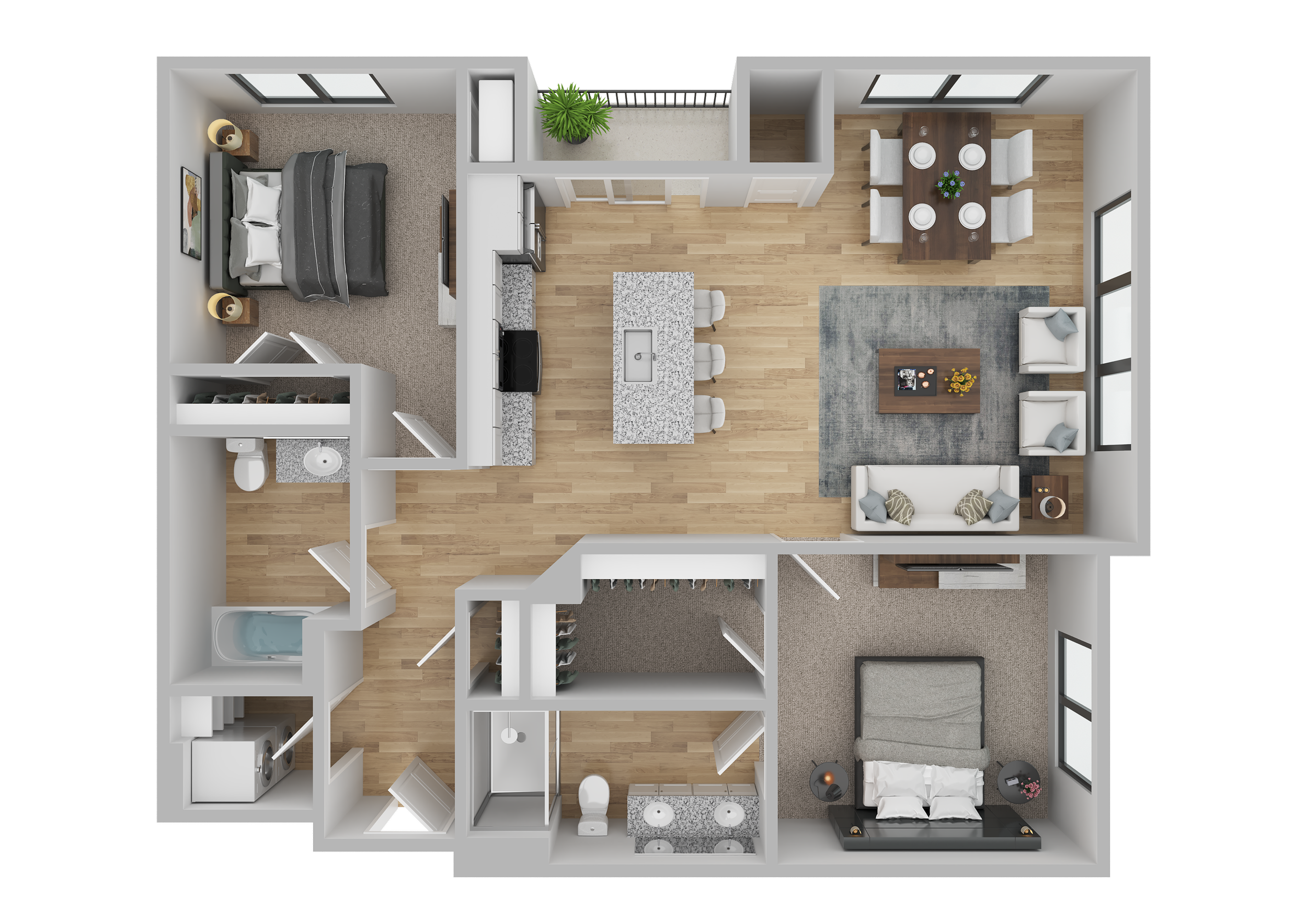 Floor plan of a modern apartment with two bedrooms, two bathrooms, an open-concept living room, dining area, and kitchen. The bedrooms have beds and closets, and the living room has a sofa, armchairs, and a coffee table. The kitchen features an island with bar stools, granite countertops, and appliances. There is a balcony accessible from the living area.