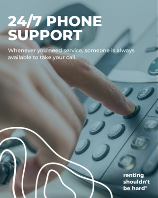 Close-up of a person pressing a button on a telephone with text that reads '24/7 PHONE SUPPORT' and 'Whenever you need service, someone is always available to take your call,' along with a graphic of a phone cord and a partial view of a landline phon