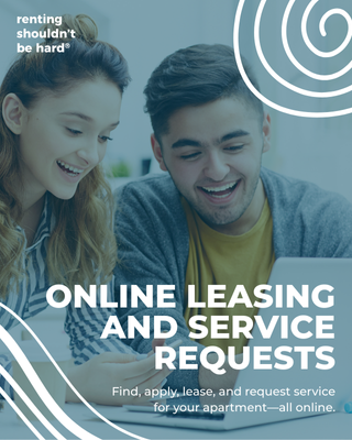 Two young people smiling while looking at a tablet, with text overlay about online leasing and service requests for apartments.