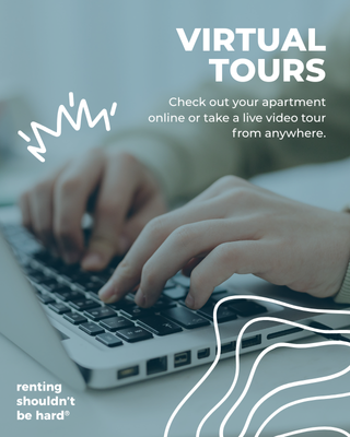 Close-up of hands typing on a laptop keyboard with overlay text about virtual tours and online apartment showing.