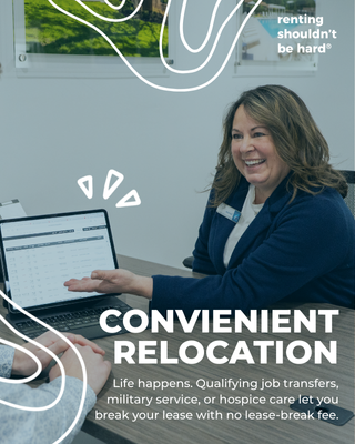 A woman at a desk using a laptop, smiling, with text promoting convenient relocation services.