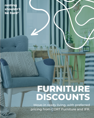 Living room with a blue armchair, a round wooden dining table with six chairs, large windows with striped curtains, and houseplants. Text overlay promotes furniture discounts and pricing from CORT Furniture and F.I.R.