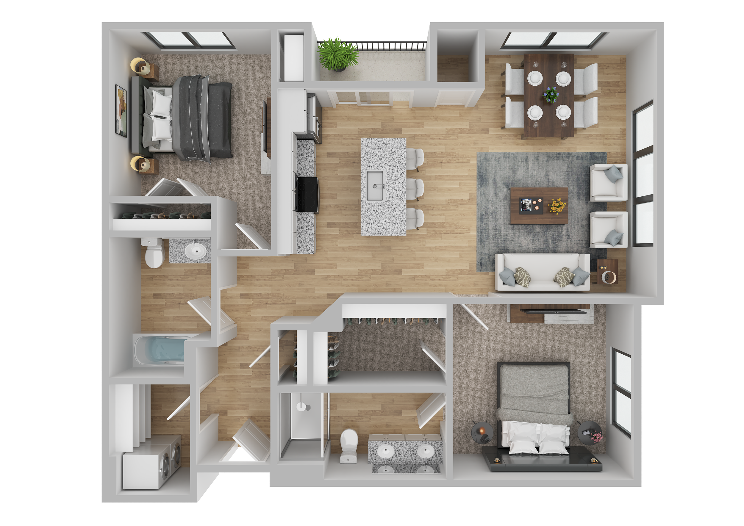 Floor plan of a two-bedroom apartment with a living room, kitchen, dining area, two bedrooms, two bathrooms, and a laundry room.