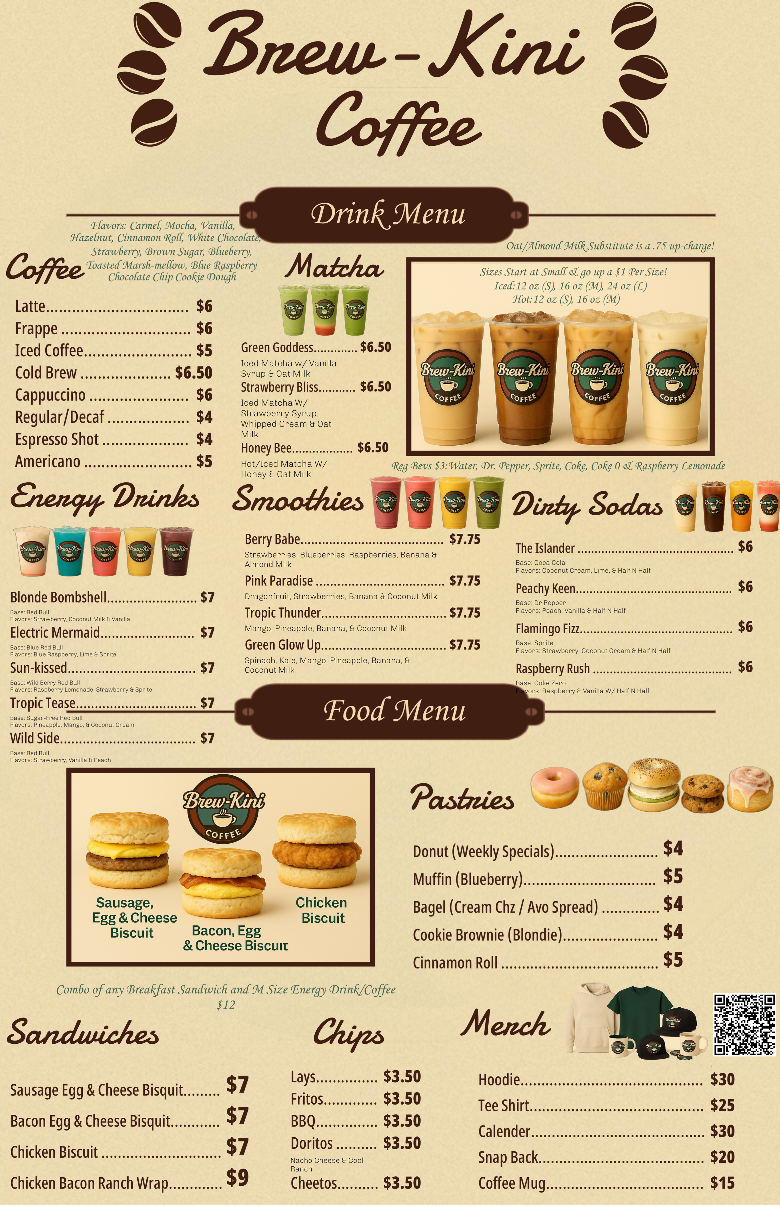 A menu board for Brew-Kini Coffee featuring drink options like matcha, smoothies, sodas, coffee, and pastries, with prices listed in Wilmington, NC