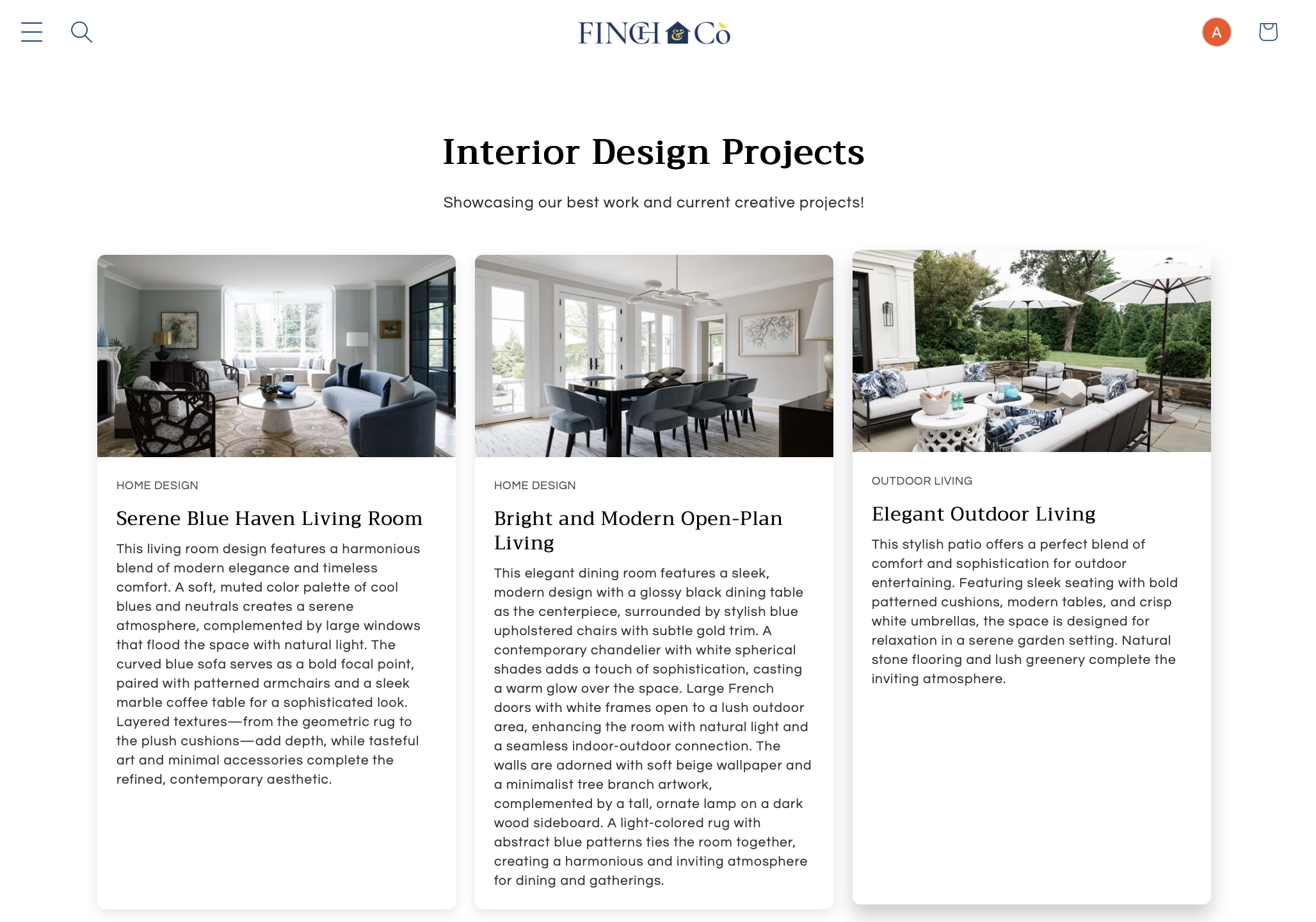 Screenshot of an interior design projects webpage showcasing three different outdoor and indoor living room designs with images and descriptions.