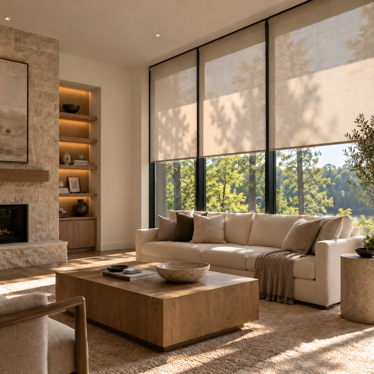 Living room with motorized shades and warm lighting, illustrating Lutron lighting and shade solutions offered by RÊVE AV in Charlotte.