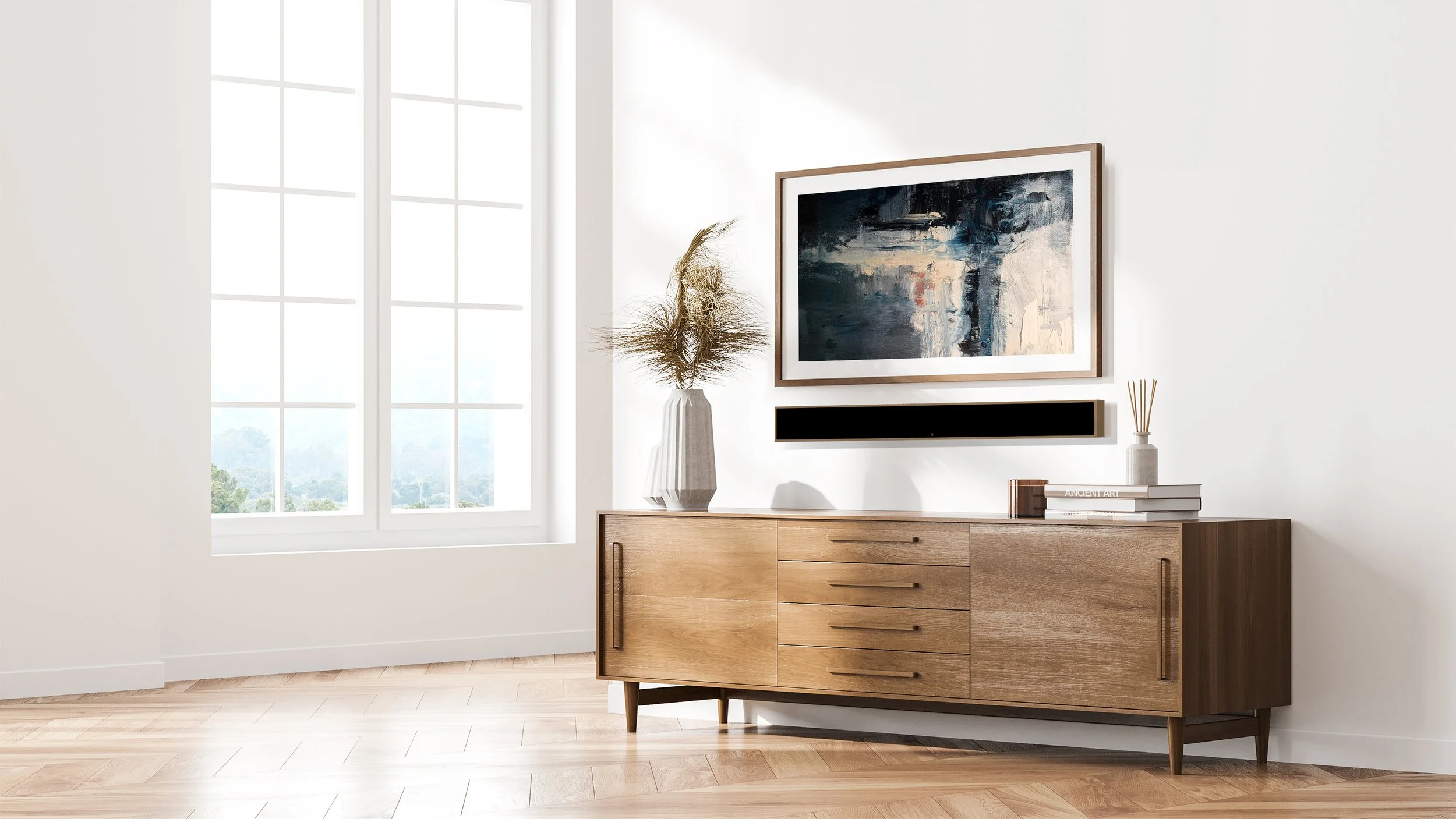 Handcrafted Leon Soundbar with a black fabric grille in a modern living space, emphasizing simple, elegant home audio design. Fort Mill, SC.