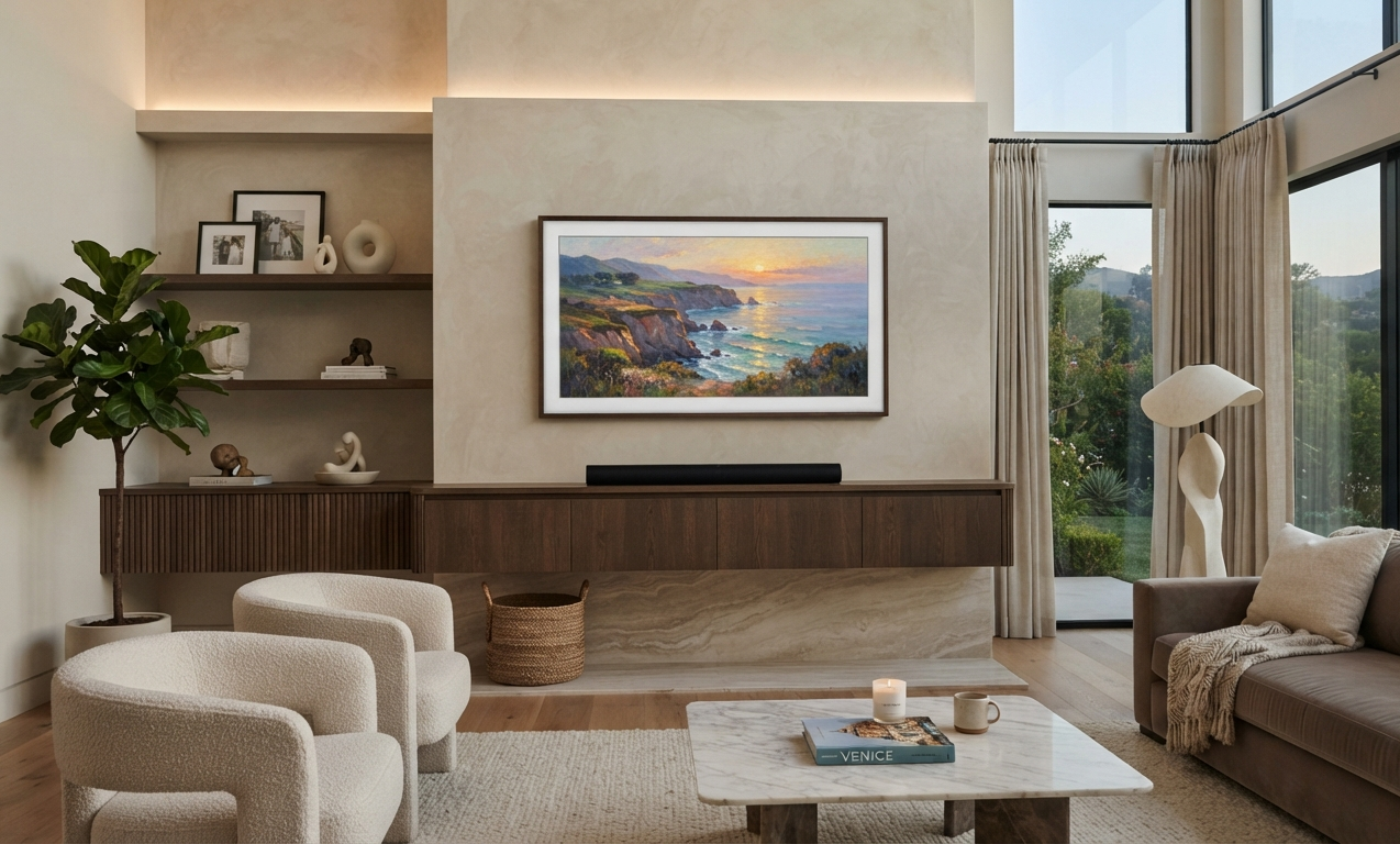 Sony TV with custom wood frame, Sonos Arc Ultra soundbar