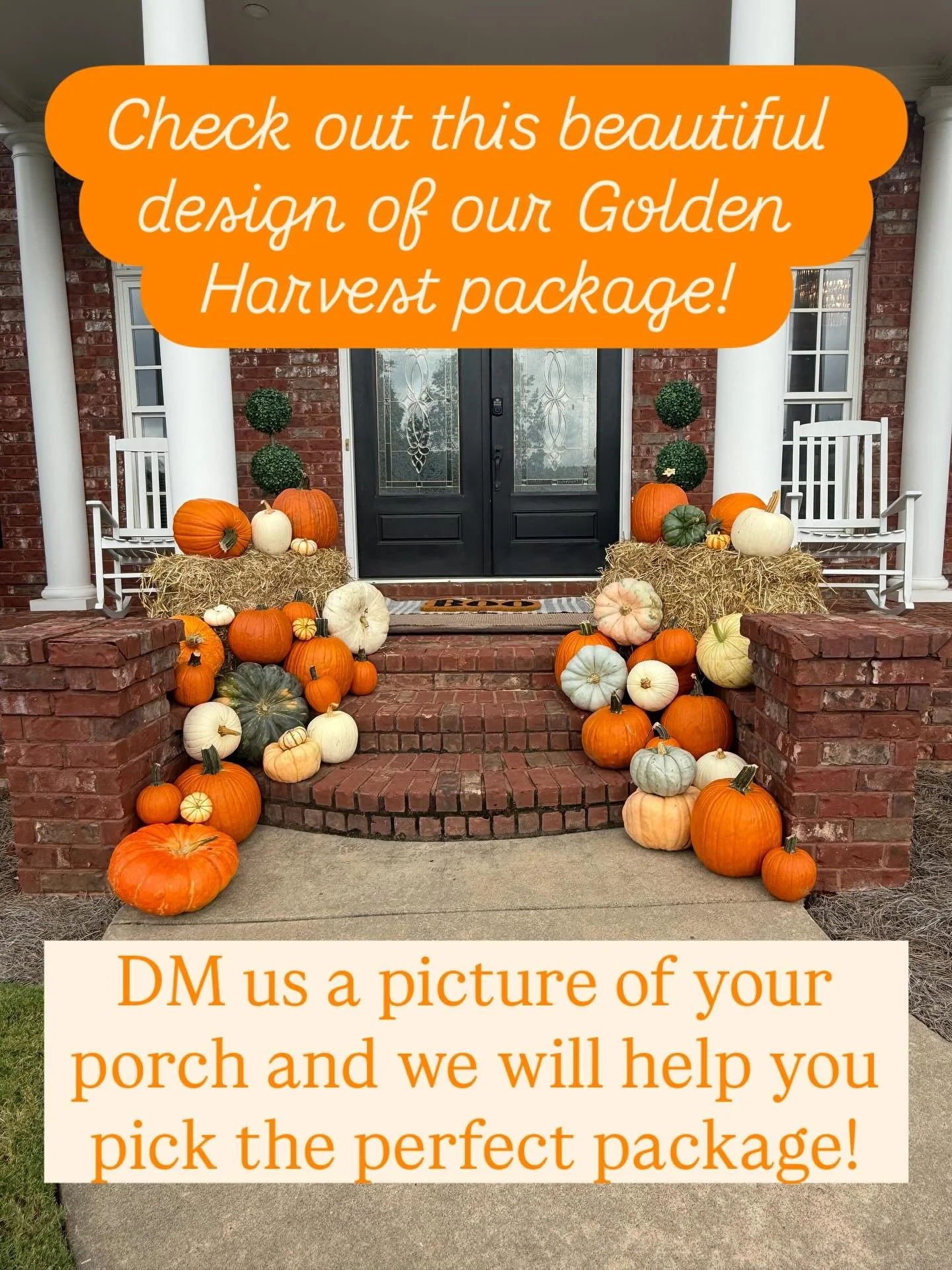 Want your very own porch pumpkins display? DM me a picture of your porch, and I will help you pick your perfect package!
🎃 Package: Golden Harvest. #porchpumpkins #buford #fallrefresh #pumpkinseason #pumpkineverything