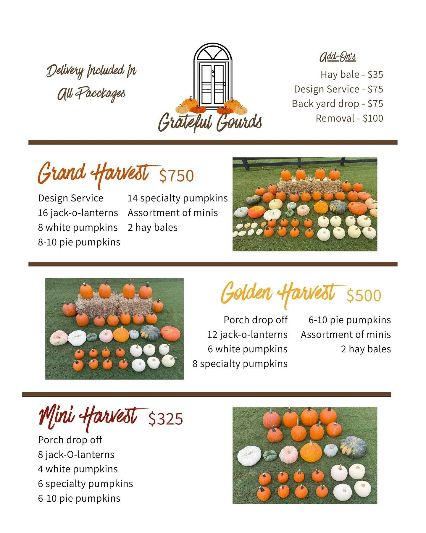 2025 pricing for your porch pumpkins 🎃 Use the order form in our bio or reach out directly! We are excited to design your porch! 

#porchpumpkins #fallrefresh #bufordcity #pumpkindecor