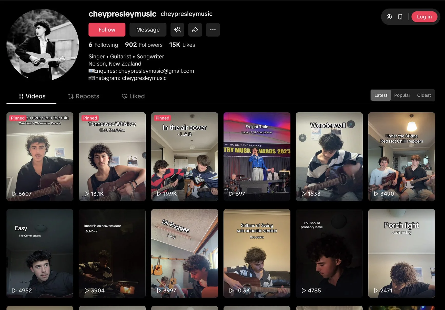 Screenshot of a TikTok profile for cheypresleymusic featuring a black and white profile picture of a young man playing guitar, with followers, likes, and videos displayed.