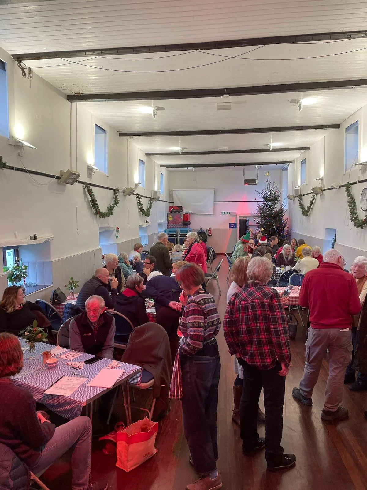 Festive holiday gathering in a community hall with decorations, Christmas tree, and people socializing at tables.