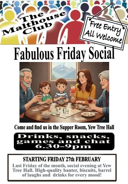Flyer for The Malthouse Club's Fabulous Friday Social event, featuring a family playing games, sipping drinks, with details about location, date, and activities including drinks, snacks, games, and chat.