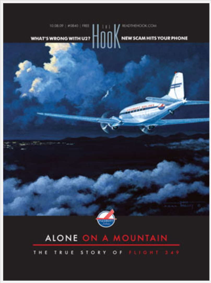 An artist's rendition of how Flight #349 might have appeared before it flew into the southeastern flank of Bucks Elbow Mountain in Albemarle County, killing 26 of the 27 people aboard.