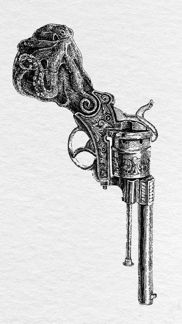Ink illustration “DUEL – Revolver with Octopus Grip” by Daniel Perez Cabrera: revolver with octopus figure integrated into grip, part of DUEL project exploring tension and introspection through symbolic weapon imagery.