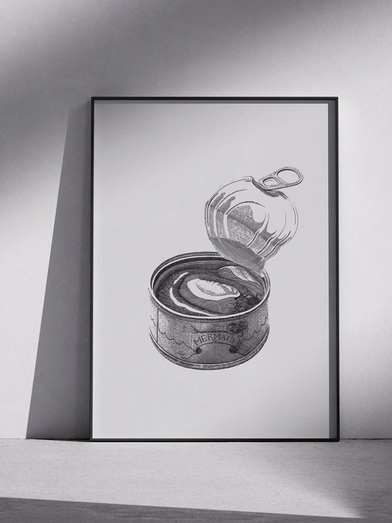 Ink drawing “Especial para consumir con limón y sal” by Daniel Perez Cabrera: opened round sardine can with mermaid curled in oil, labeled “mermaid” to indicate content, highlighting fragility and ironic reinterpretation of myth.