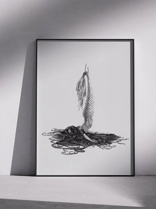 Ink drawing by Daniel Perez Cabrera titled Big Fish, depicting a mermaid hung upside down by the tail like a tuna, with her head, arms, and hair falling downward, emphasizing mythic fragility and reinterpretation.