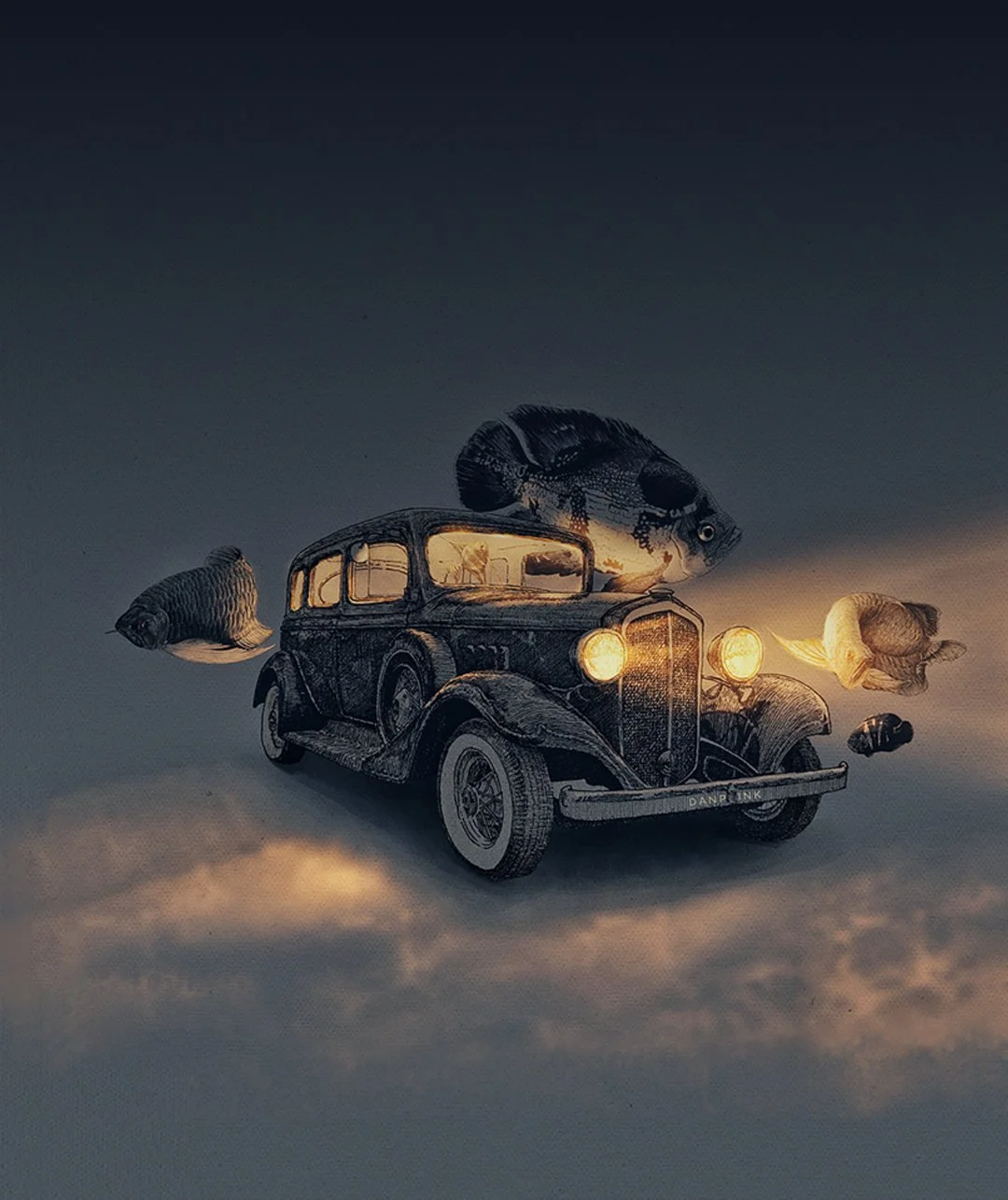 Original illustration “Sleeping with the Fishes” by Daniel Perez Cabrera: underwater scene featuring a 1933 Chevrolet surrounded by fish, illuminated by fragments of light, evoking tension and mystery.