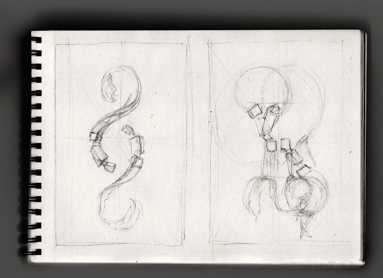 Geometric pencil sketches “Mémoire” by Daniel Perez Cabrera: two preparatory drawings studying composition of mythological sea creatures in inverted symmetry, groundwork for final ink illustration.