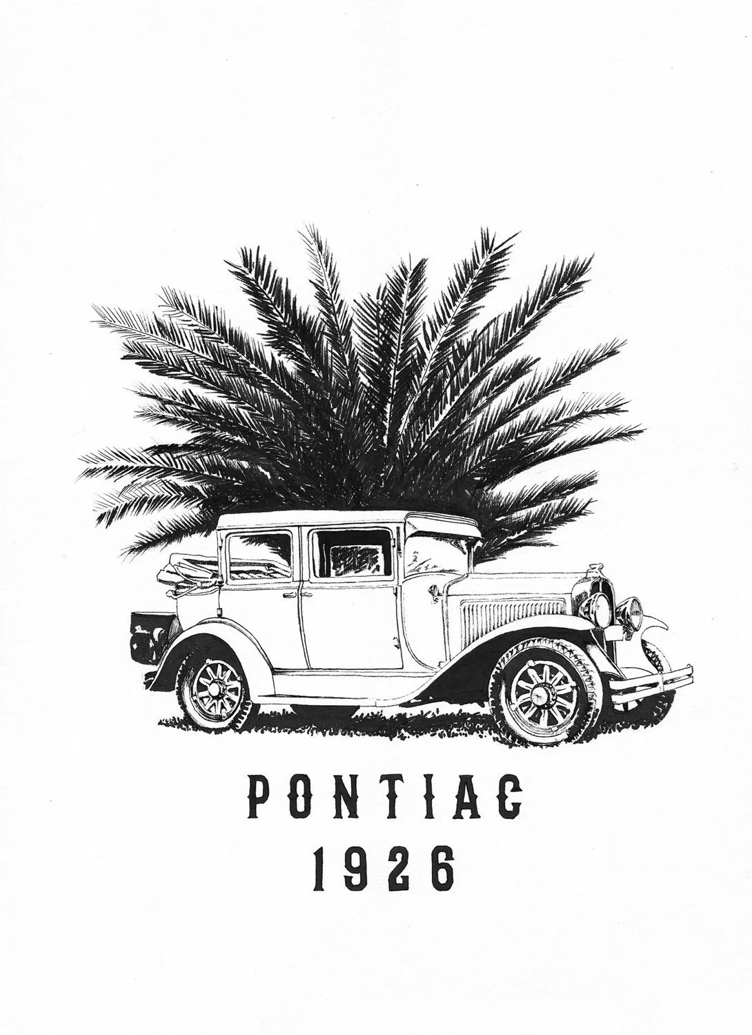 Ink drawing “Museo del Automóvil – Pontiac 1926 with Areca Palm” by Daniel Perez Cabrera: 1926 Pontiac with areca palm in background, evoking garden scene that combines automotive elegance with tropical Cuban setting.