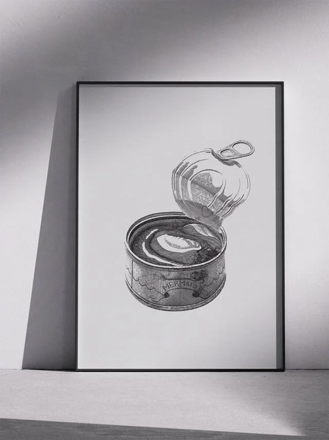 Ink drawing by Daniel Perez Cabrera depicting an opened round sardine can containing a mermaid curled in oil, labeled “mermaid,” emphasizing fragility and an ironic reinterpretation of myth.