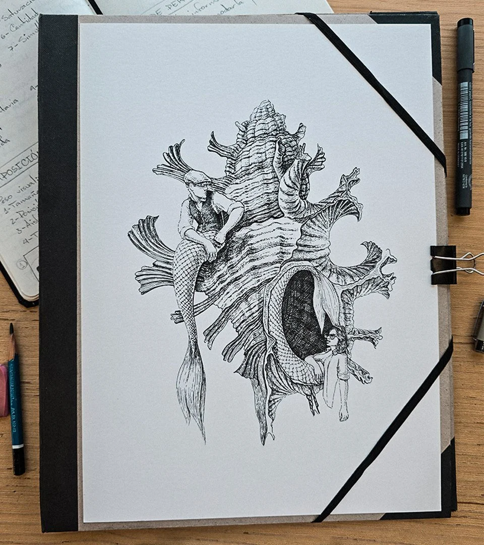 Original ink illustration “Sugar DADDY” by Daniel Perez Cabrera: Chicoreus brevifrons shell with dandy triton seated on protrusion and mermaid lying at entrance, central visual element for speculative rosé wine packaging.