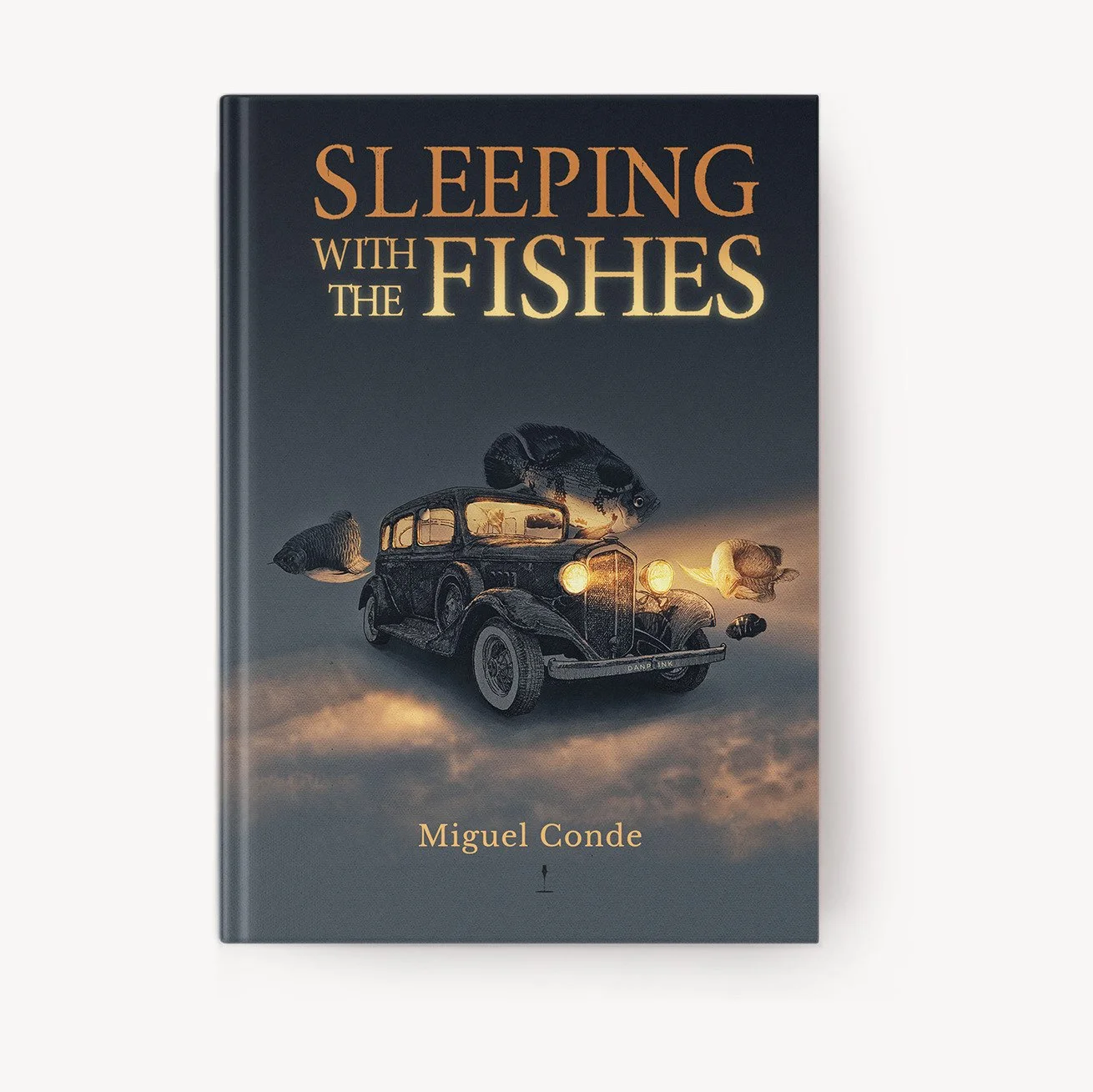 Book cover mockup for “Sleeping with the Fishes” by Daniel Perez Cabrera: underwater scene with 1933 Chevrolet and fish illuminated by fragments of light, displayed within project page.