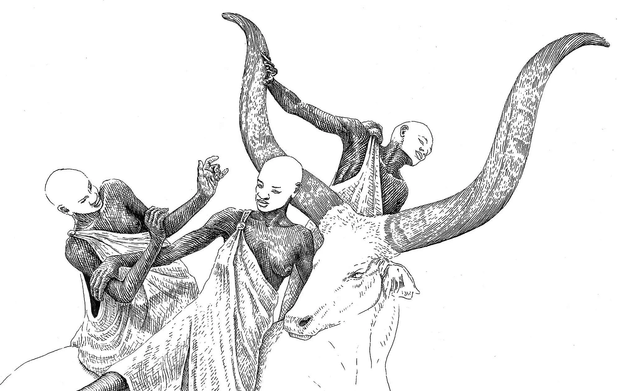 Ink drawing detail “El rapto” (Mundari reinterpretation) by Daniel Perez Cabrera: upper section with Mundari women and bull’s head with long horns, preserving Simon Vouet’s original composition while transforming figures and symbolism.