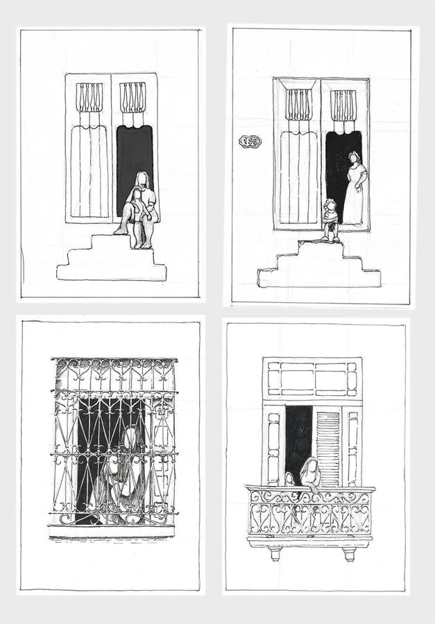 Four preliminary sketches for the book cover “Dos Rosas, una revolución”: Cuban colonial facades with doors, windows, and balconies, variations with and without iron grilles, and different poses of mother and daughter, all drawn on paper.