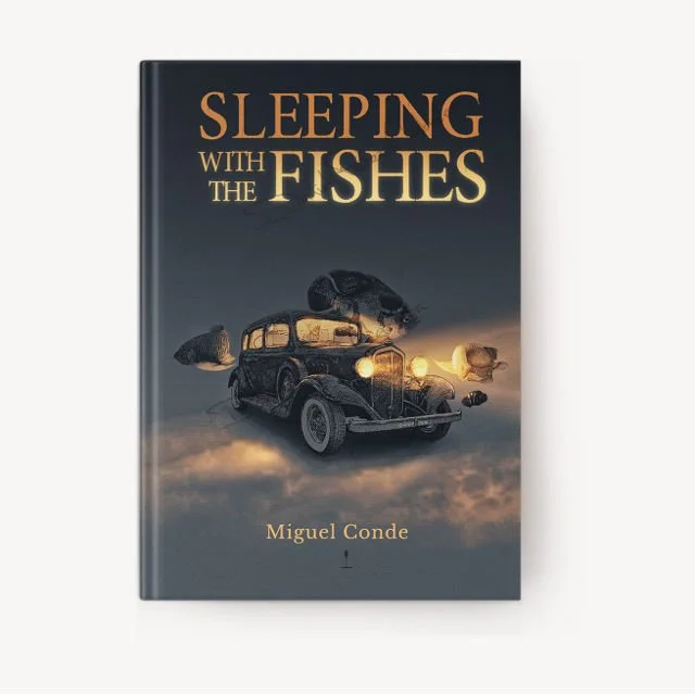 Book cover mockup for “Sleeping with the Fishes” by Daniel Perez Cabrera: underwater scene with 1933 Chevrolet and fish illuminated by fragments of light, displayed within project page.