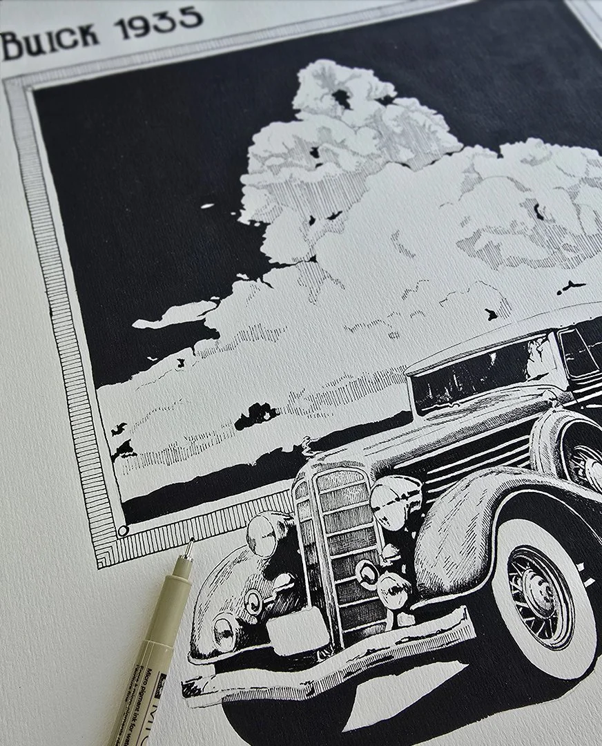 Ink drawing detail “MOTORAMA” (Buick 1935) by Daniel Perez Cabrera: front view of classic 1935 Buick with cumulonimbus background, combining technical precision and symbolic composition inspired by 1920s advertising style.
