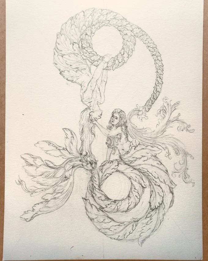 Pencil illustration “Mémoire” (Pre-ink) by Daniel Perez Cabrera: drawing on paper of two mythological sea creatures in inverted symmetry, joined in intimate gesture, representing preparatory stage before final ink illustration for wine label design.