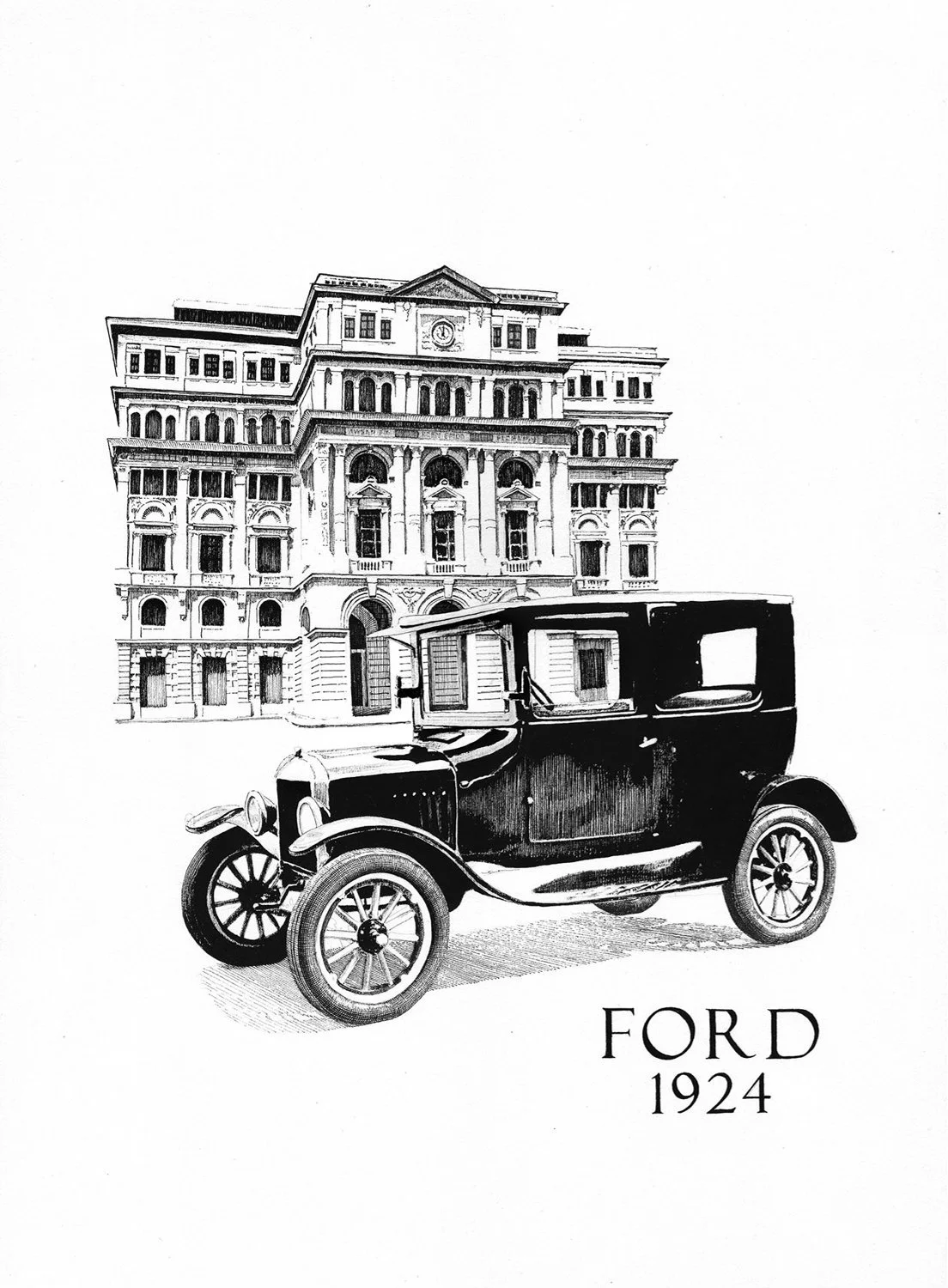 Ink drawing “Museo del Automóvil – Ford 1924 with Lonja de Comercio” by Daniel Perez Cabrera: 1924 Ford parked in front of Havana’s Lonja de Comercio, combining automotive heritage with Cuban architectural symbolism.