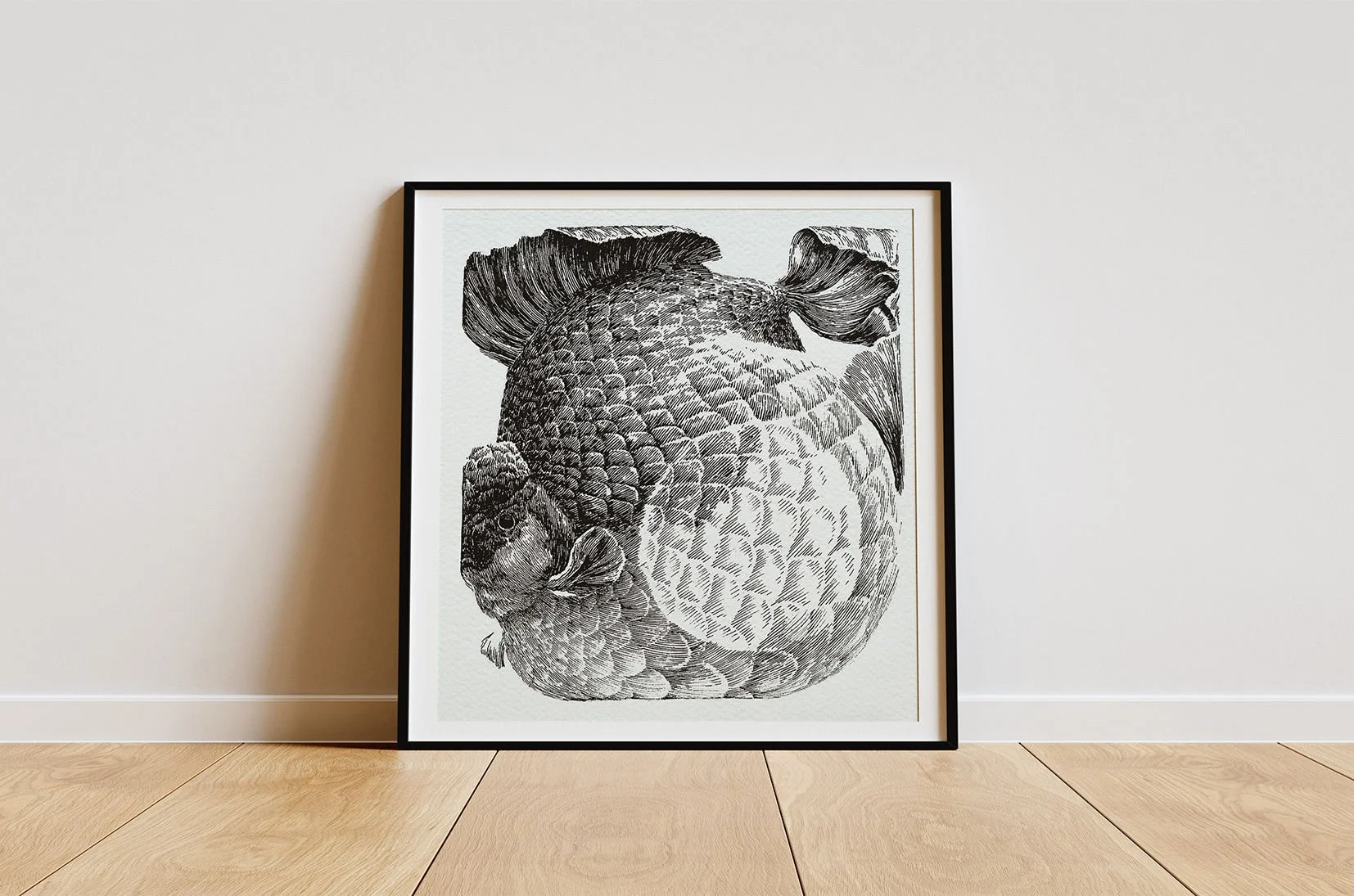 Mockup of “BUREAUCRATS” illustration by Daniel Perez Cabrera: oversized goldfish ink drawing displayed in square frame format, conceptual artwork emphasizing bold composition.