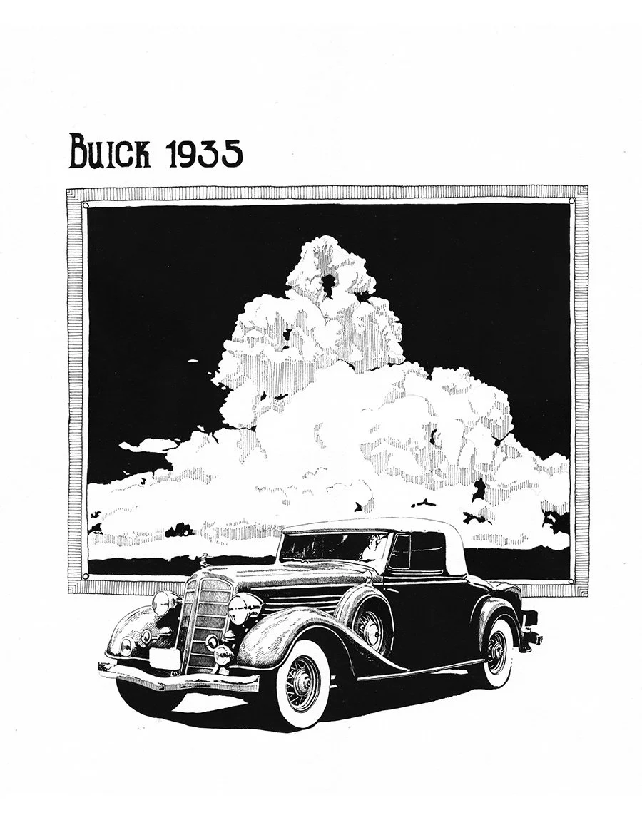 Full ink illustration “MOTORAMA” (Buick 1935) by Daniel Perez Cabrera: classic 1935 Buick framed by cumulonimbus cloud, fusing technical drawing with symbolic composition inspired by 1920s advertising aesthetics.