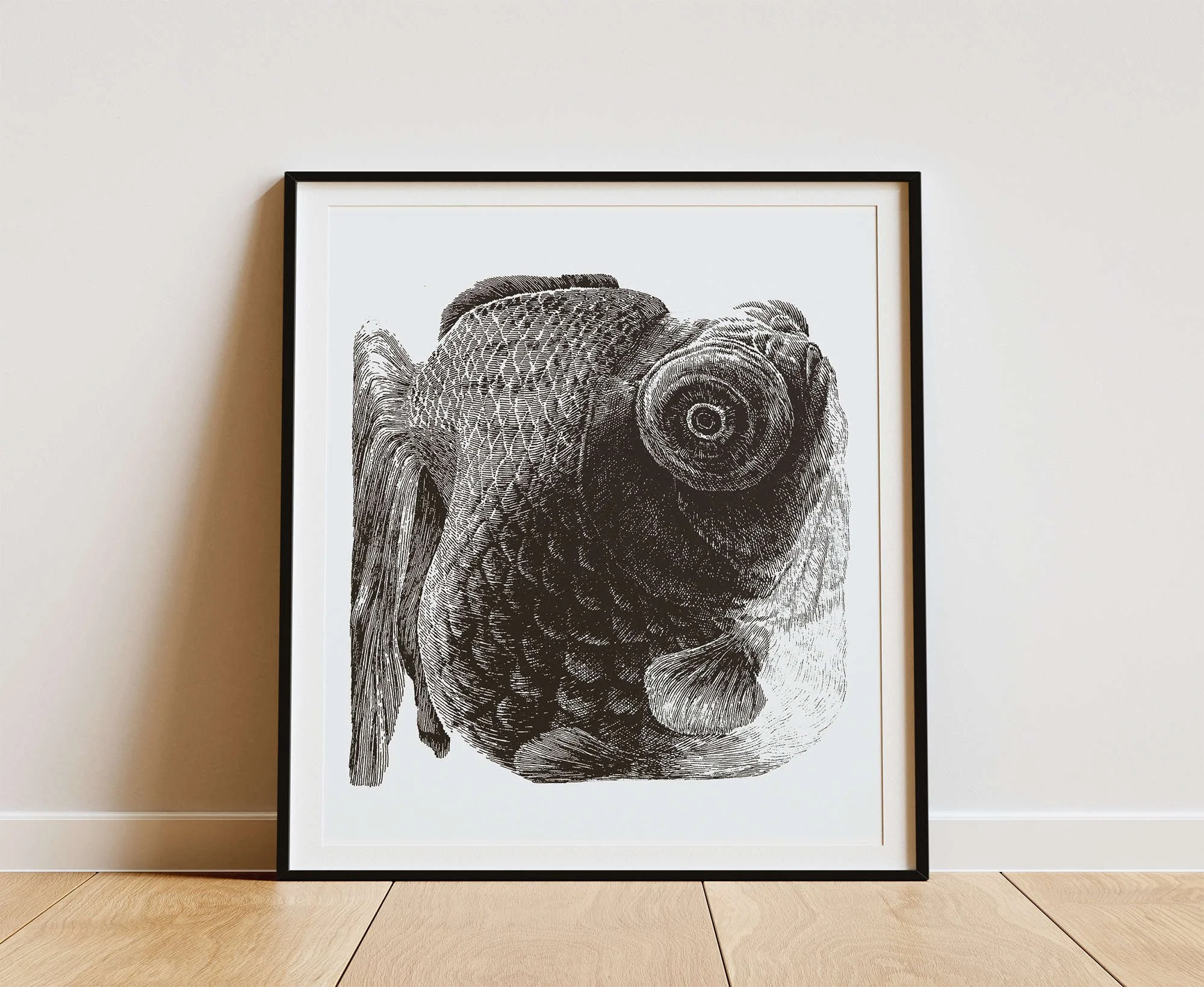 Mockup of “BUREAUCRATS” second illustration by Daniel Perez Cabrera: oversized goldfish ink drawing filling square format, bodies flattened against aquarium glass, conceptual artwork emphasizing tension and composition.