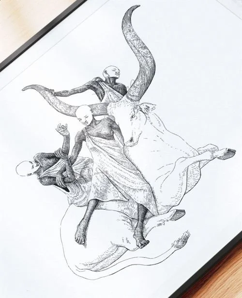 Framed ink illustration mockup by Daniel Perez Cabrera reinterpreting Simon Vouet’s The Rape of Europa through a Mundari perspective, highlighting the transformed bull and female figures within the composition.