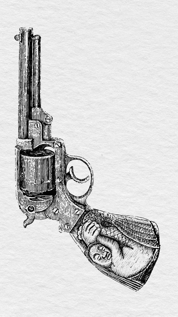 Ink illustration “DUEL – Revolver with Mermaid Grip” by Daniel Perez Cabrera: revolver with mermaid figure integrated into grip, symbolic composition reinforcing themes of confrontation and choice.