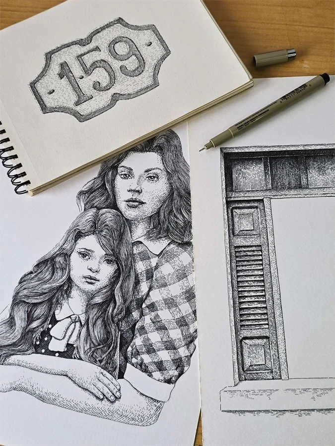Original ink drawings for the book cover “Dos Rosas, una revolución”: portrait of mother and daughter, Cuban window frame, and house number plaque, all composed on paper in their respective formats.