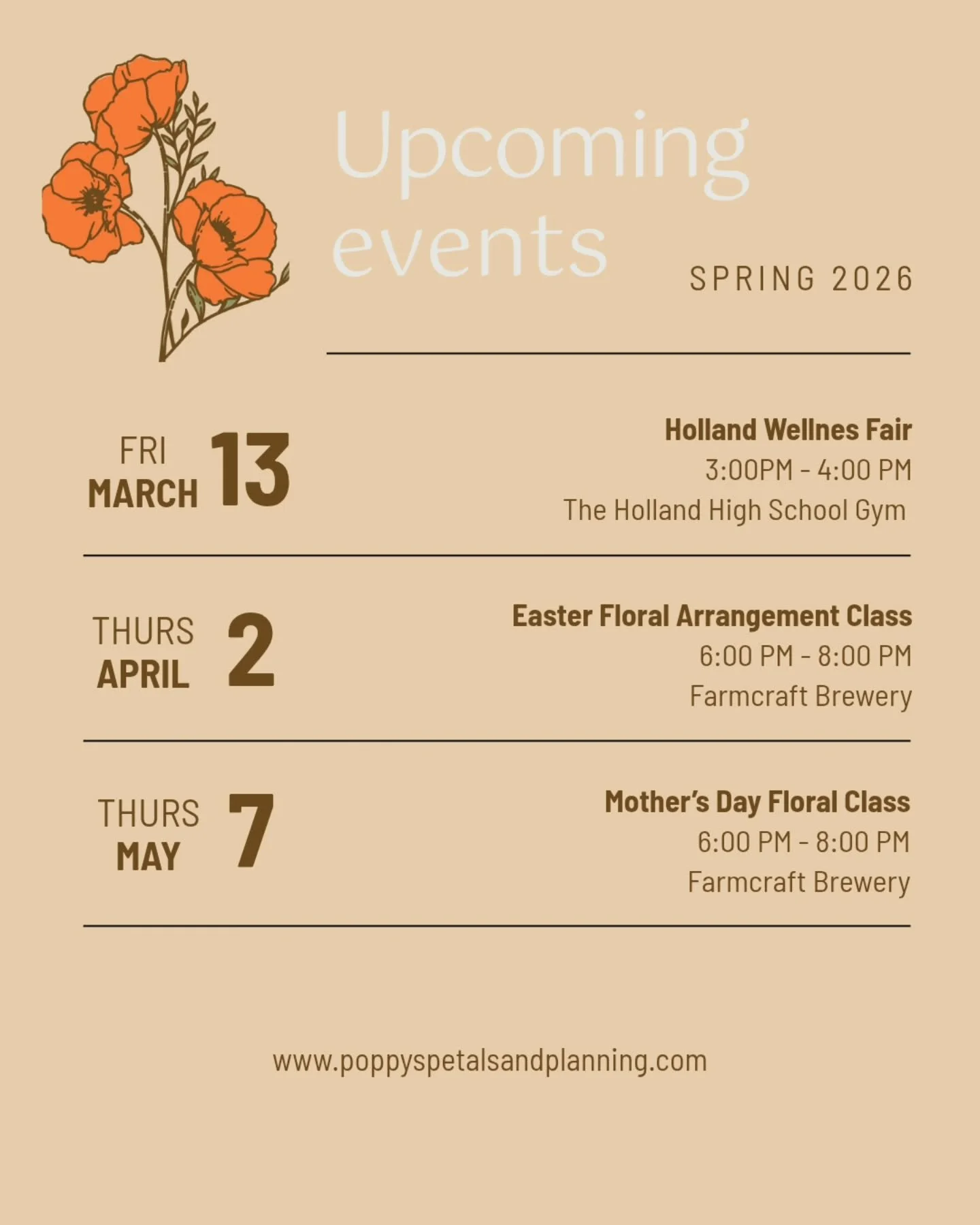 Mark your calendars&hellip; I&rsquo;ve got some fun events coming up! 🌸

✨ March 13 &ndash; Wellness Fair &ndash; stop by, say hi, enter giveaways + grab some free goodies

🐣 April 2 &ndash; Easter Floral Class &ndash; registration open, and fillin