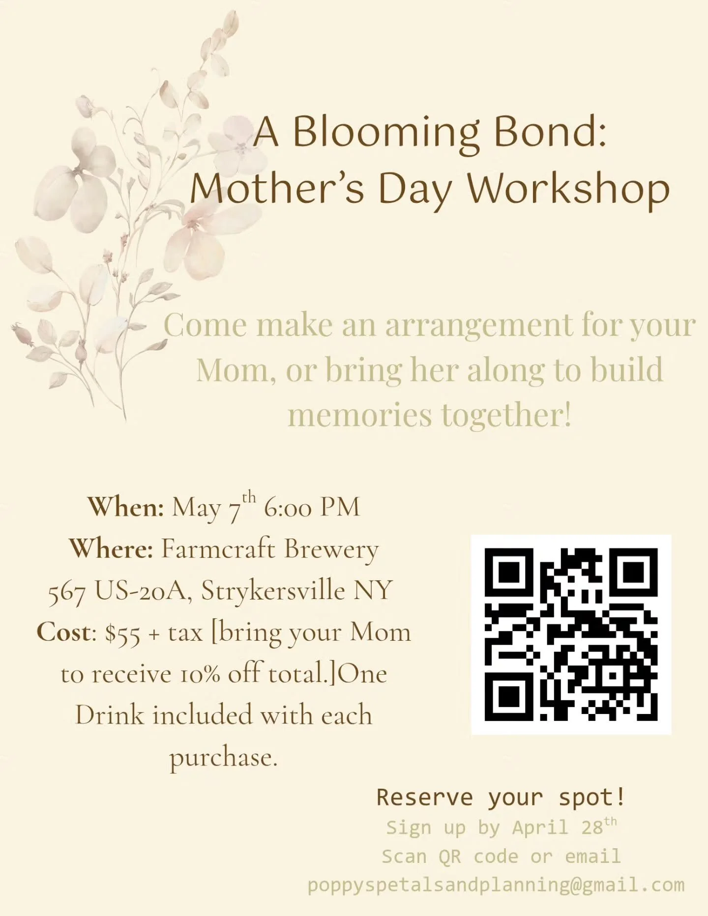 Celebrate Mother&rsquo;s Day a little differently this year 💐✨

Grab your mom, your besties, or come solo and join me for a night of flowers + fun at Farmcraft Brewery 🥂

A night out to create something beautiful for your mom or with your mom 🤍

Y