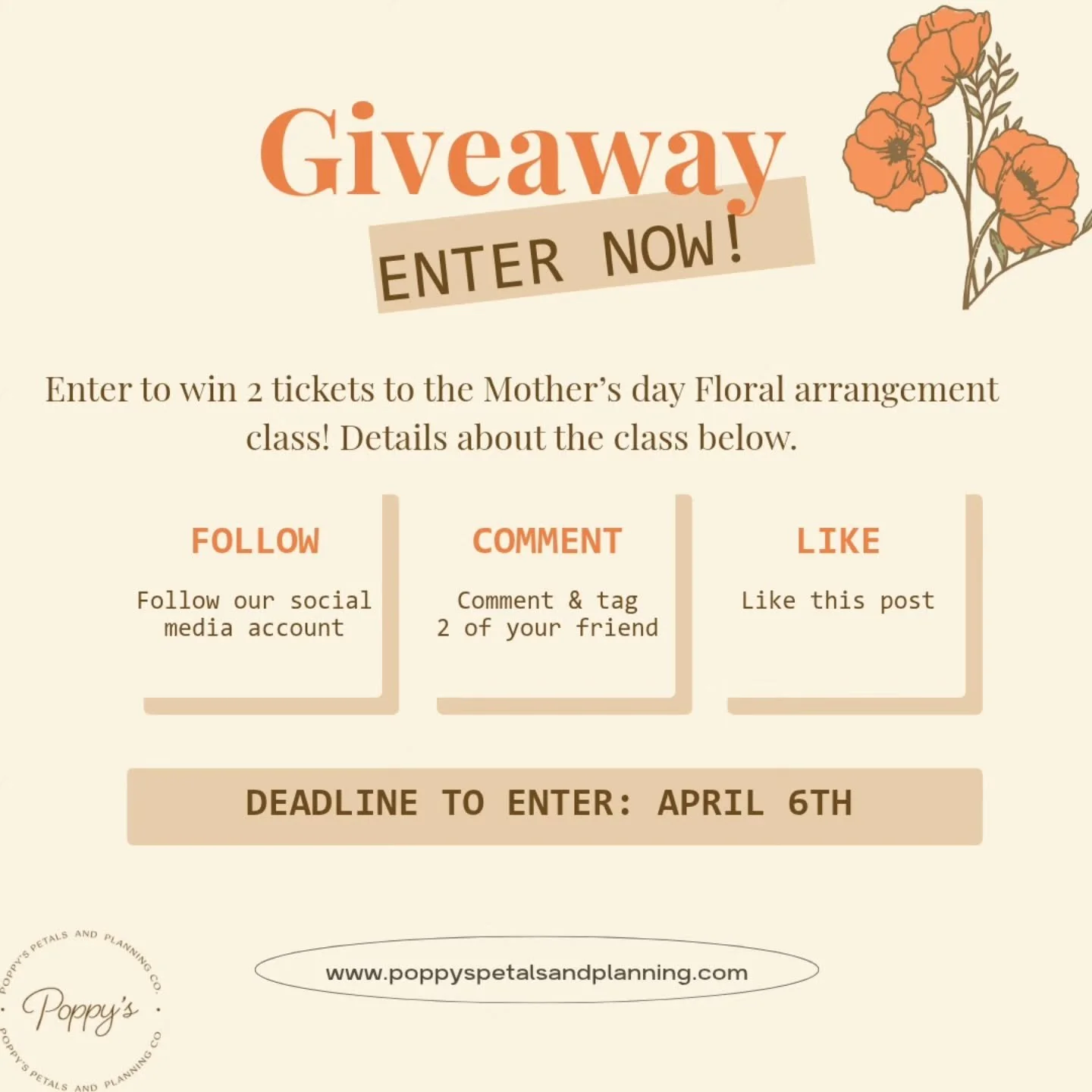 🌷 MOTHER&rsquo;S DAY GIVEAWAY 🌷

I&rsquo;m so excited to gift TWO spots to my Mother&rsquo;s Day Flower Class 💐

Whether you bring your mom, your grandma, your best friend, or someone who just deserves a night out&mdash;you truly can make this you